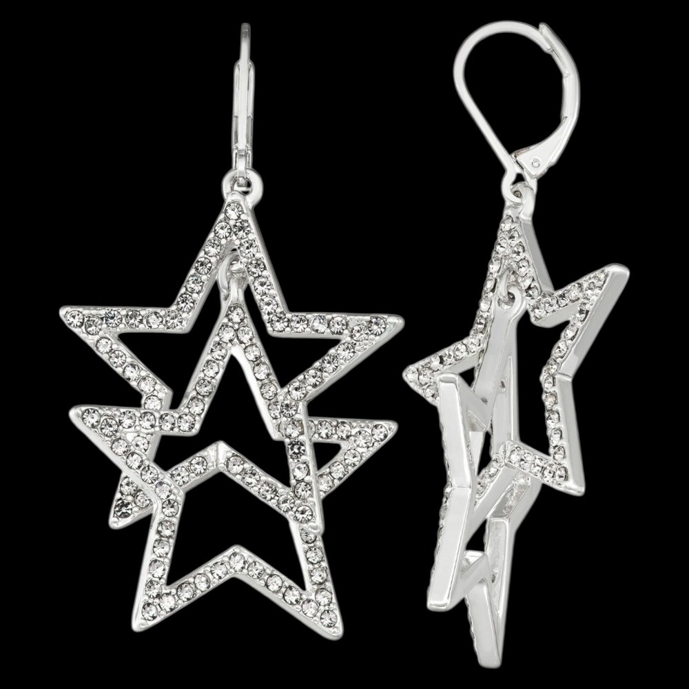 Silver Rhinestone Double Star Dangle Earrings Pierced Celestial Drop Chic Y2k